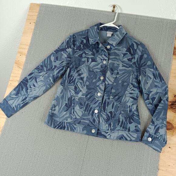 Chico's Button Up Denim Jacket Womens 0 US 4/6 Blue Floral Camo Tropical Boho - Picture 3 of 14
